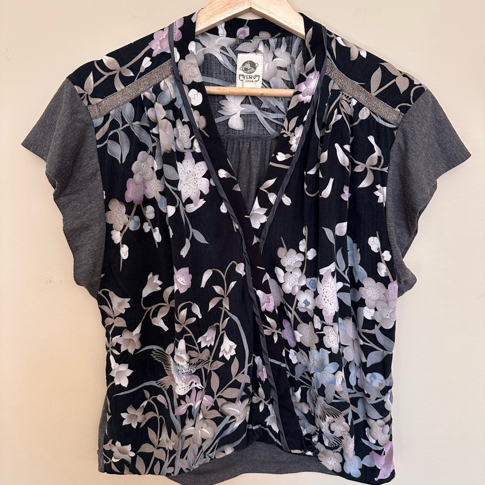 Anthropologie Black and Gray Wrap Ruffled Blouse with Cap Sleeves